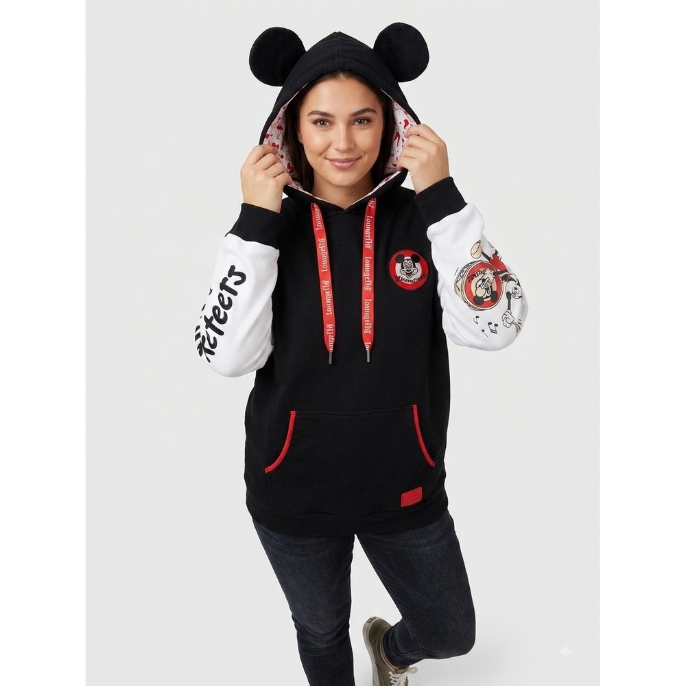 Disney 100 Loungefly Mickey Mouseketeers Ear Hoodie Black White 2XL F36324WDLF